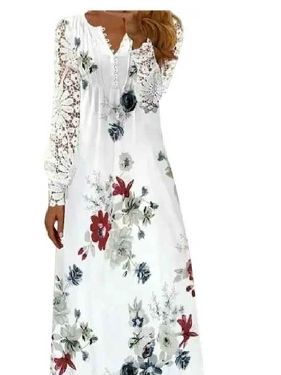 Dresses & Skirts - Edvintorg  WomenWhite Floral Lace Sleeve Maxi Leisure Lounge Dress Sz 2XL